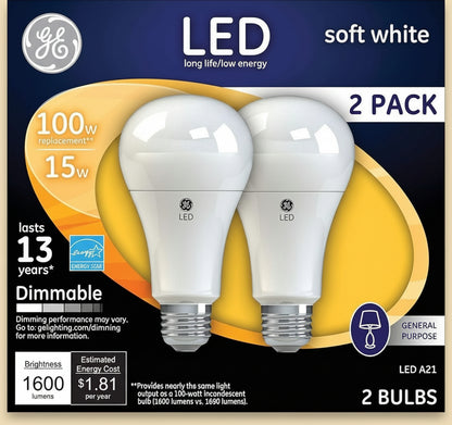 GE Lighting 65941 15 Watt E26 A21 Soft White LED Dimmable Light Bulb 2 Pack