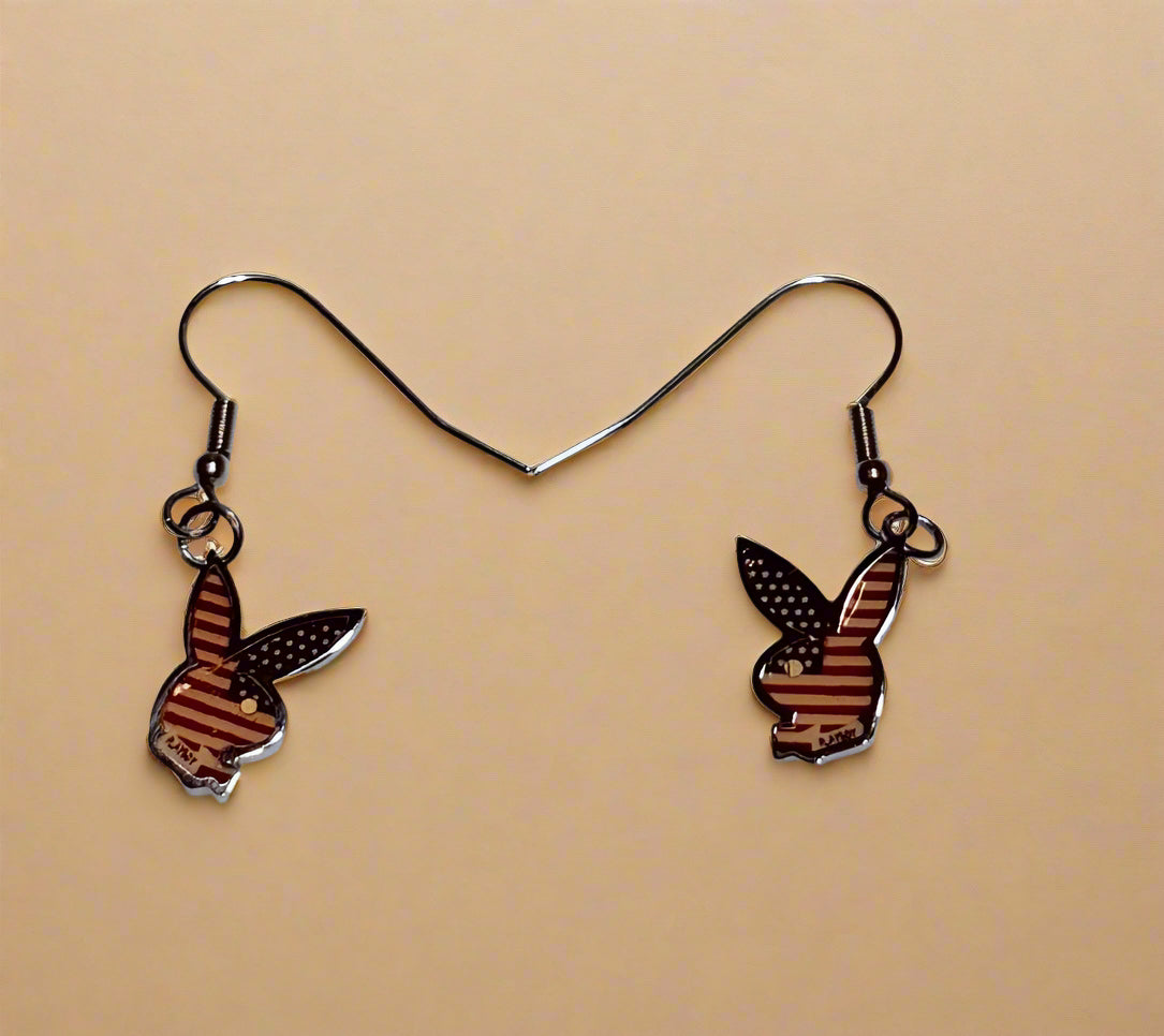 Playboy Bunny Drop Earrings – American Flag Design on Stainless Steel Hooks