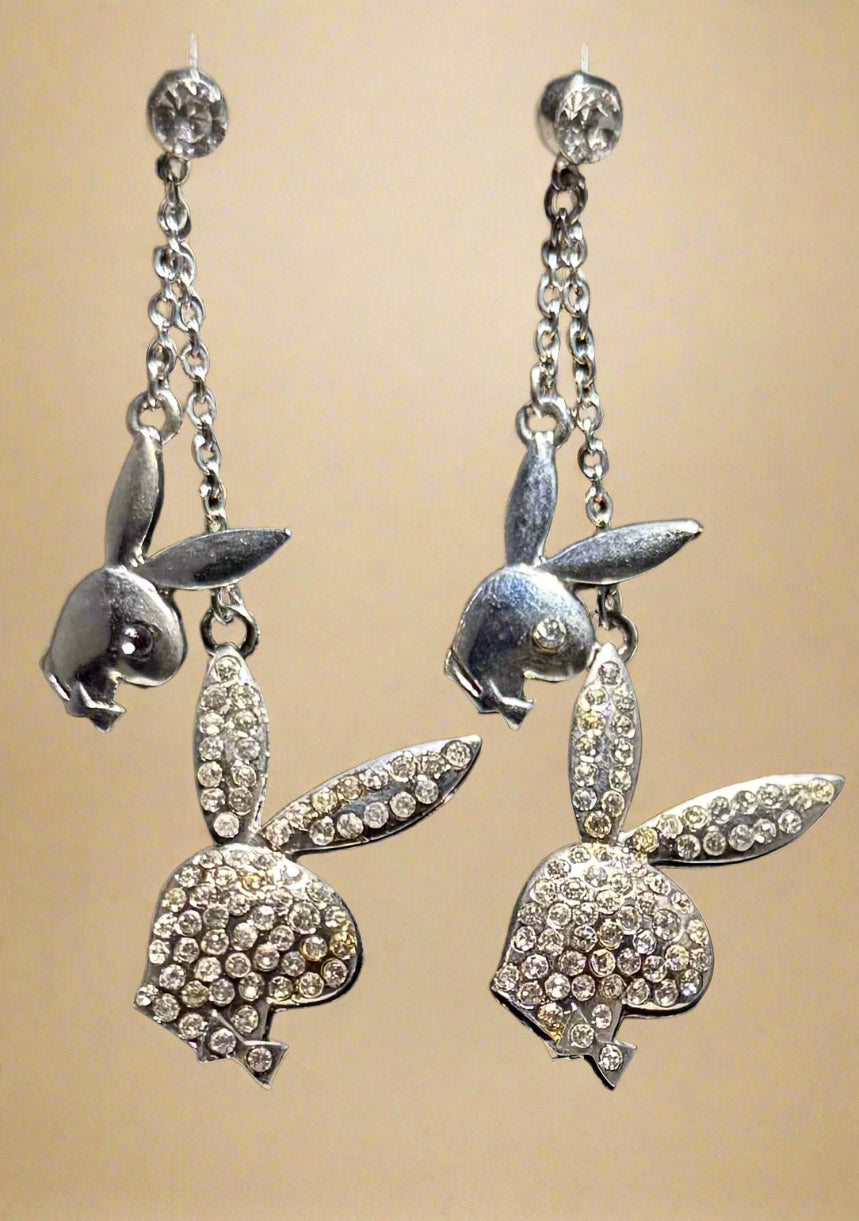 Playboy Dual Bunny Drop Earrings – High Polish & Crystal Classic Design