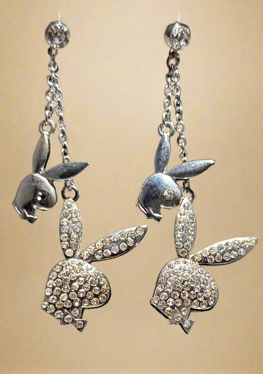 Playboy Dual Bunny Drop Earrings – High Polish & Crystal Classic Design