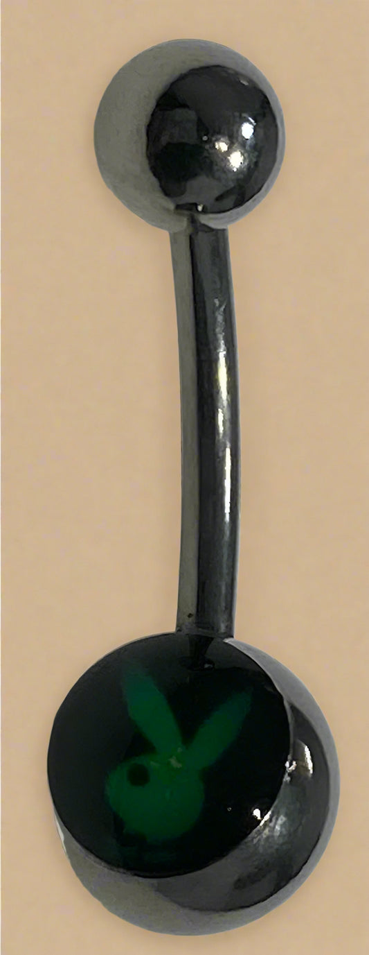 Playboy Black Inlay with Green Bunny Head Belly Ring Stainless Steel