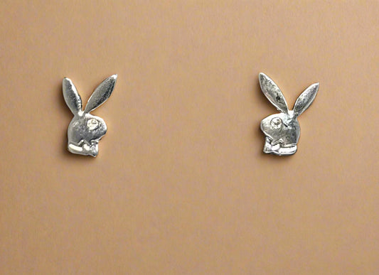 Playboy Silver Bunny Stud Earrings – Crystal Eye Accent in Stainless Steel