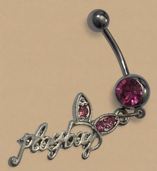 Playboy Pink Crystal with Bunny Ears Logo Belly Ring Stainless Steel