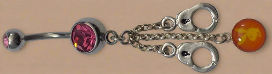 Playboy Pink Crystal with Handcuffs & Bunny Inlay Belly Ring Stainless Steel