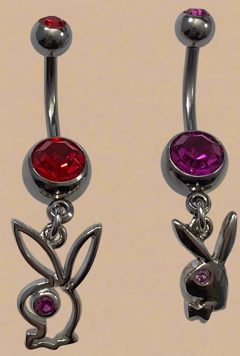 Playboy Red Crystal Cut-Out Bunny & Purple Crystal Solid Bunny Head Belly Ring Set Stainless Steel