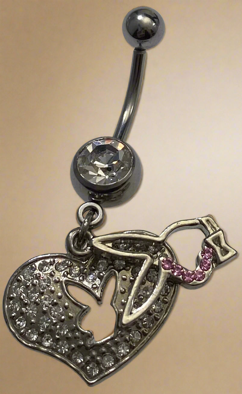Playboy White Crystal Heart with Bunny Head Belly Ring Stainless Steel