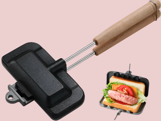 Nonstick Double-Sided Sandwich Maker – Frying Pan for Breakfast, Egg, Panini, Hot Dogs (4-in-1 with Wood Handle)