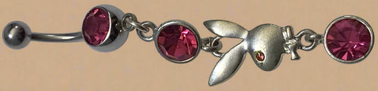 Playboy Triple Pink Crystal with Solid Bunny Head Belly Ring Stainless Steel