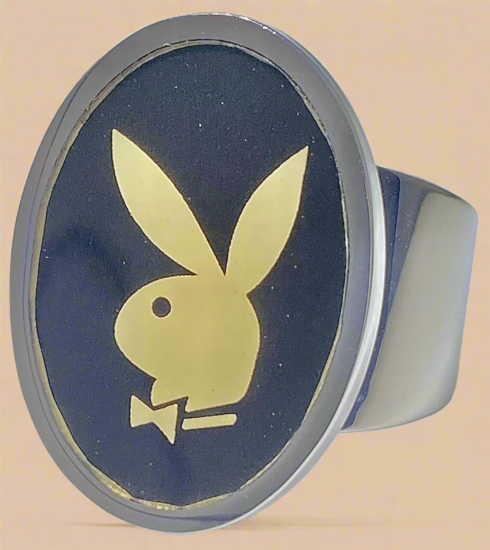 Playboy Black Inlay Ring with Yellow Bunny Head Size 11 Stainless Steel