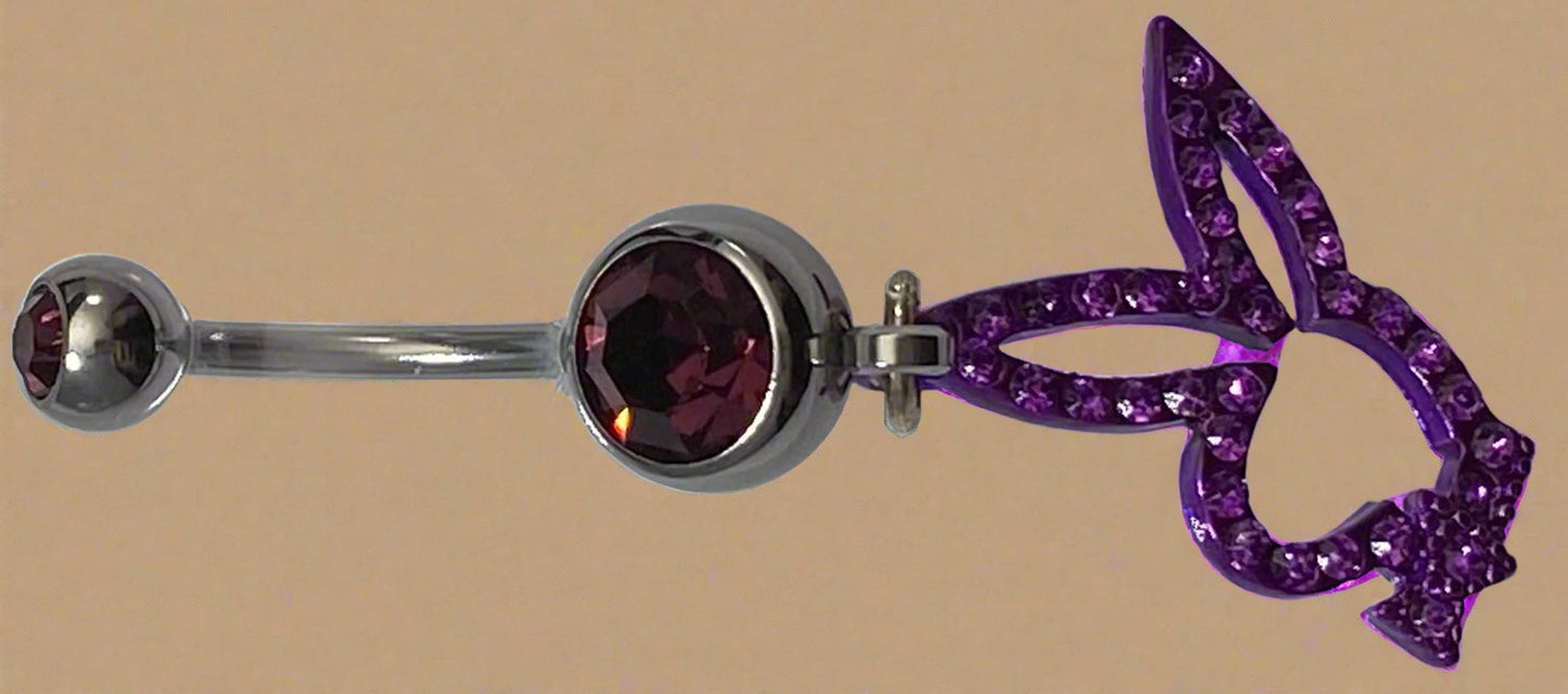Playboy Purple Crystal with Matching Bunny Head Belly Ring Stainless Steel