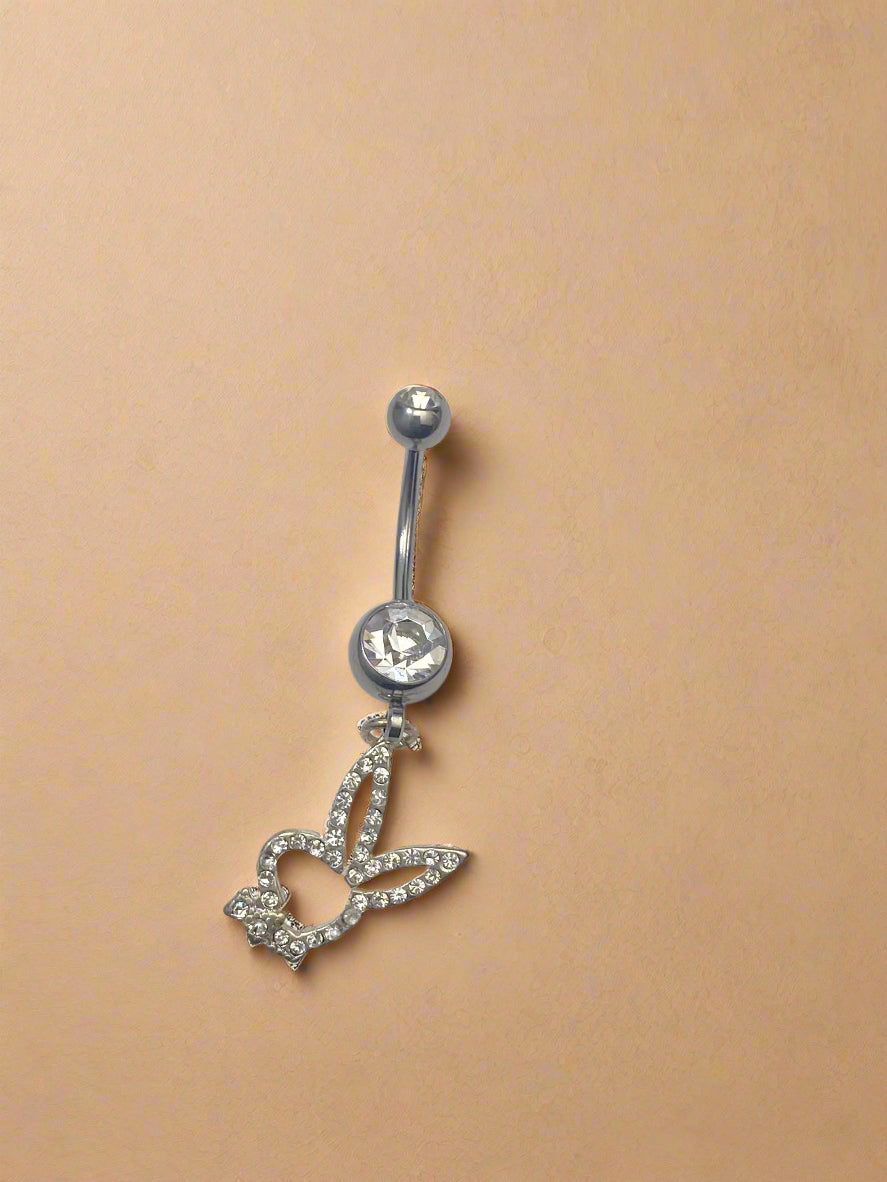 Playboy White Crystal with Matching Bunny Head Belly Ring Stainless Steel