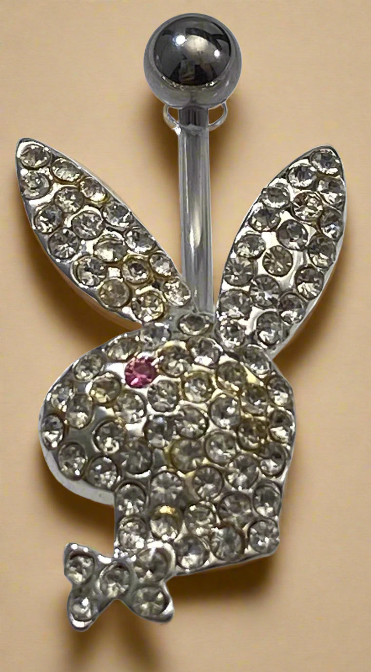 Playboy White Crystal Bunny Head with Pink Eye Belly Ring Stainless Steel