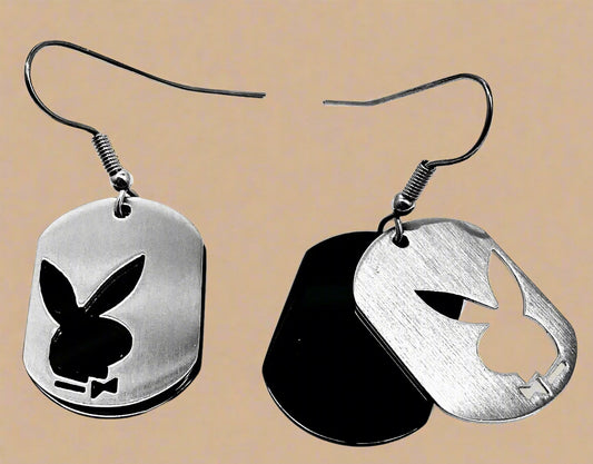 Playboy Double Dog Tag Earrings – Large Stainless Steel with Bunny Head Cutouts