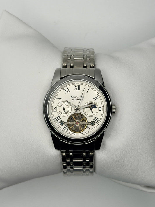 Timeless Architecture & Monochromatic Opulence: Mason Stainless Steel Crystal-Accented Roman Numeral Automatic Watch (5 ATM)