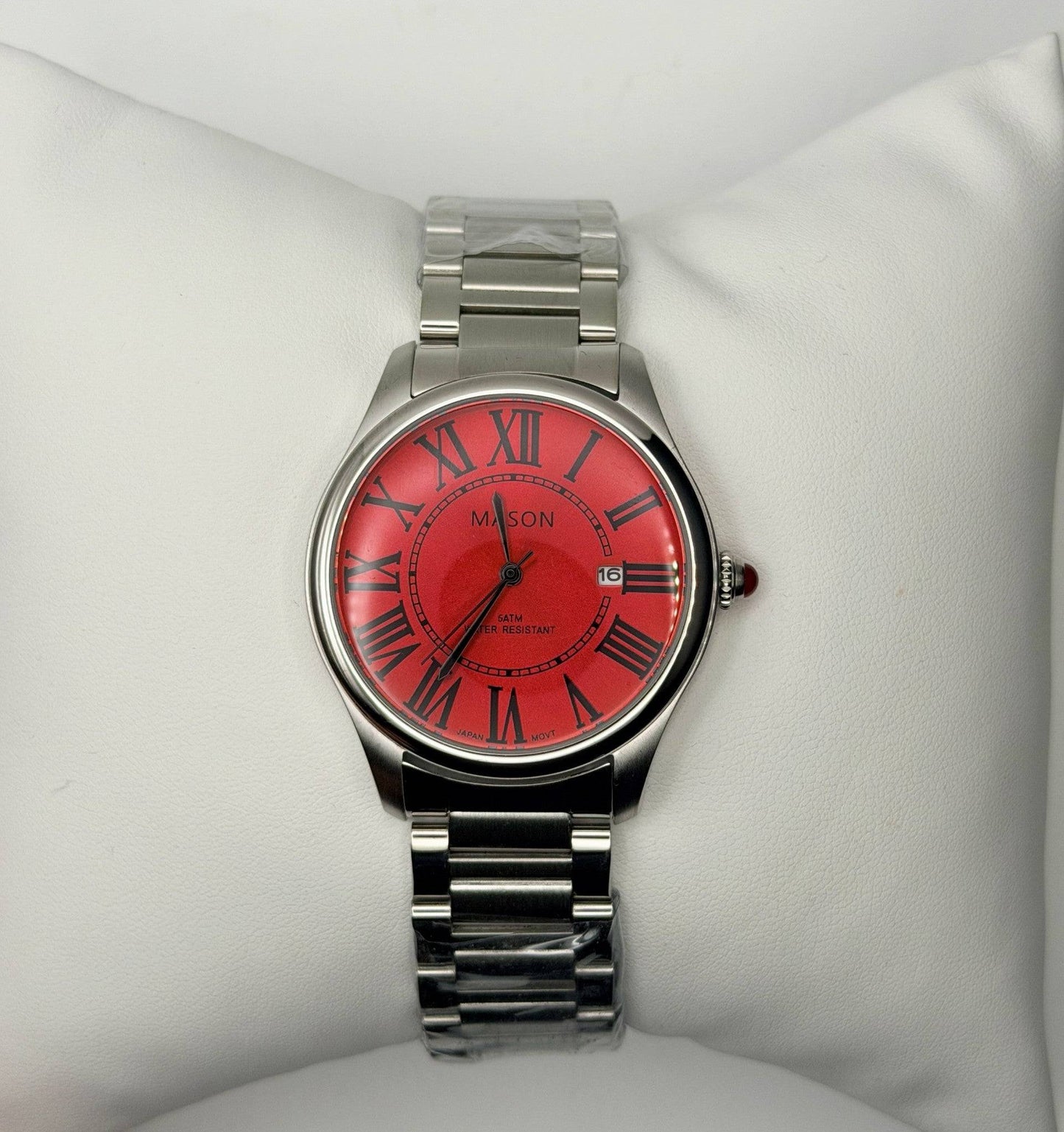 Crimson Boldness & Regal Opulence: Mason Red Face Stainless Steel Crystal-Accented Roman Numeral Automatic Watch (5 ATM)