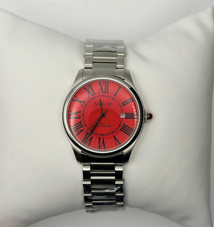 Crimson Boldness & Regal Opulence: Mason Red Face Stainless Steel Crystal-Accented Roman Numeral Automatic Watch (5 ATM)