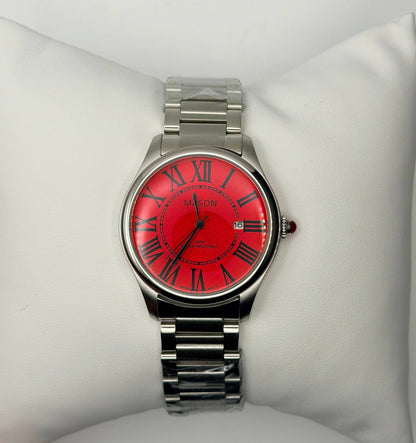 Crimson Boldness & Regal Opulence: Mason Red Face Stainless Steel Crystal-Accented Roman Numeral Automatic Watch (5 ATM)