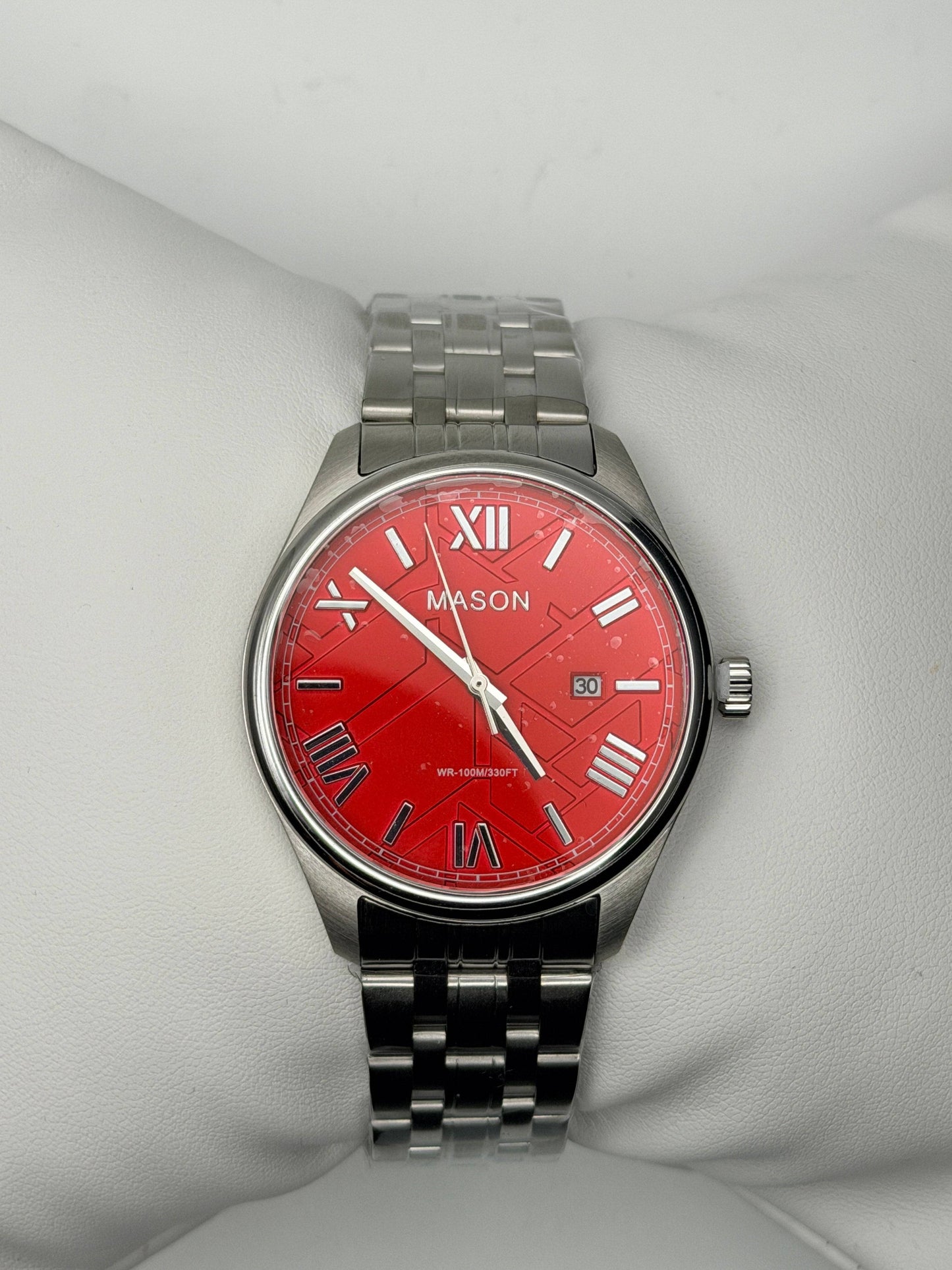 Crimson Boldness & Regal Opulence: Mason Red Face Stainless Steel Crystal-Accented Roman Numeral Automatic Watch (5 ATM)