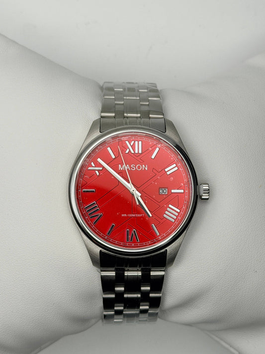 Crimson Boldness & Regal Opulence: Mason Red Face Stainless Steel Crystal-Accented Roman Numeral Automatic Watch (5 ATM)