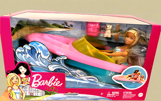 Barbie Floating Speedboat with Puppy & Accessories – Fits 3 Dolls – Water Play Toy by Mattel
