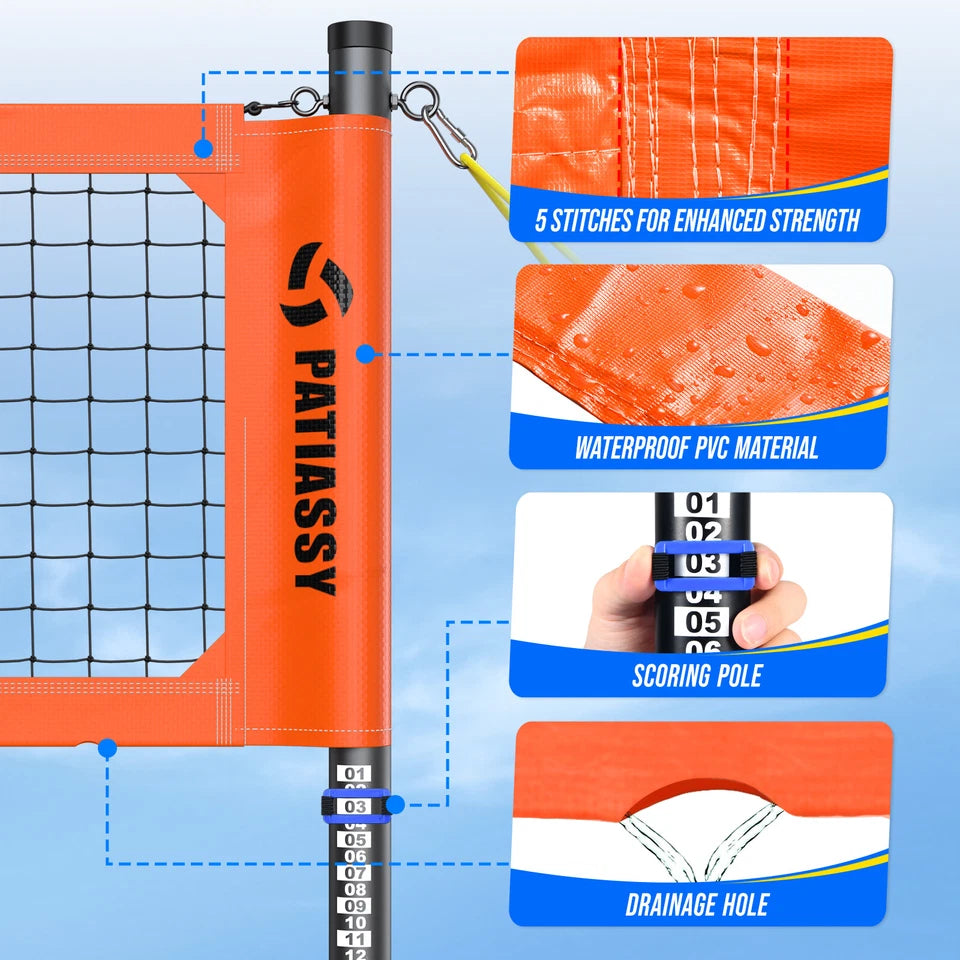 Patiassy Professional Volleyball Net Set with Adjustable Poles & Carry Bag (Orange)