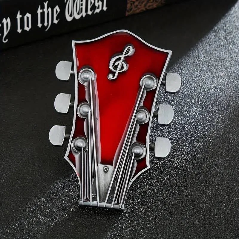 Red Guitar Headstock Belt Buckle – Heavy-Duty Metal Rock & Country Accessory