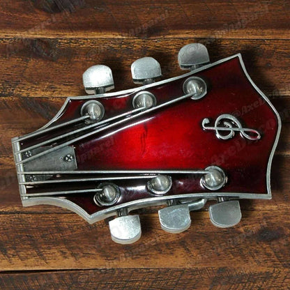 Red Guitar Headstock Belt Buckle – Heavy-Duty Metal Rock & Country Accessory