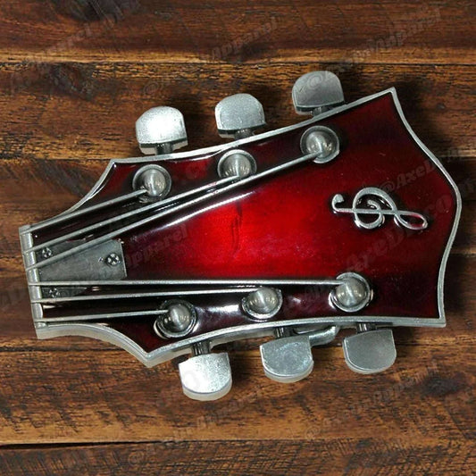 Red Guitar Headstock Belt Buckle – Heavy-Duty Metal Rock & Country Accessory