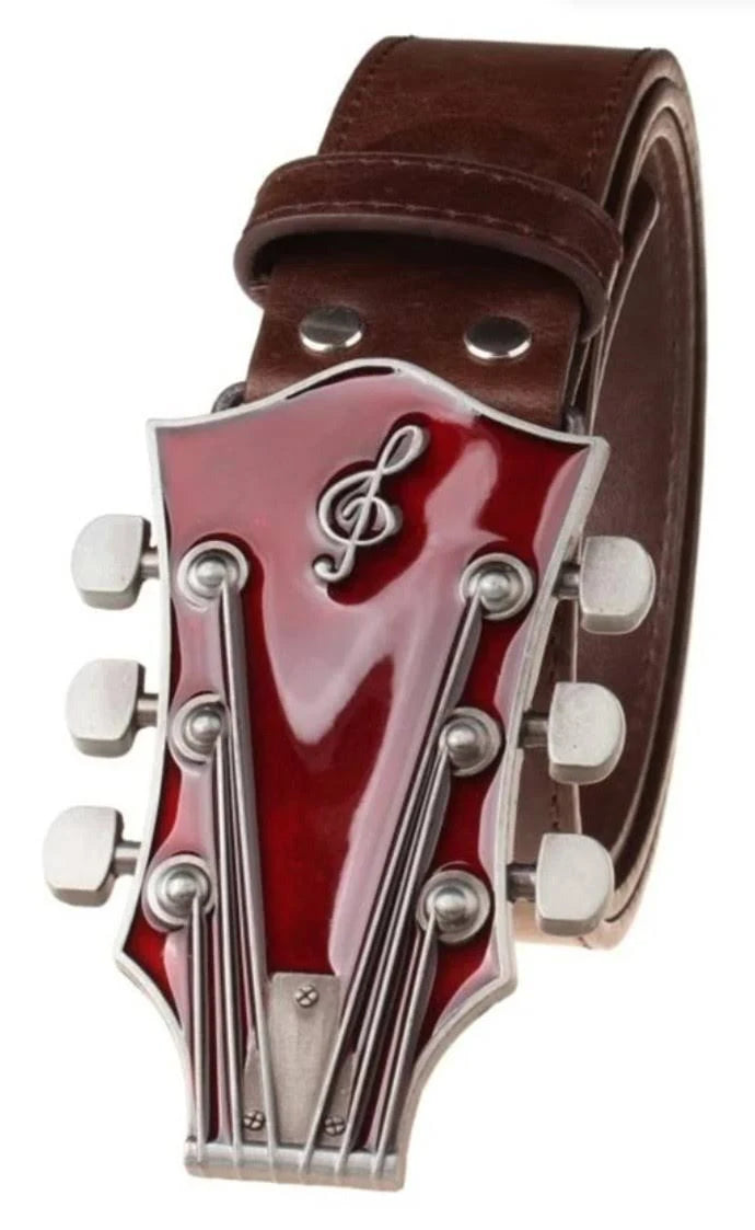 Red Guitar Headstock Belt Buckle – Heavy-Duty Metal Rock & Country Accessory