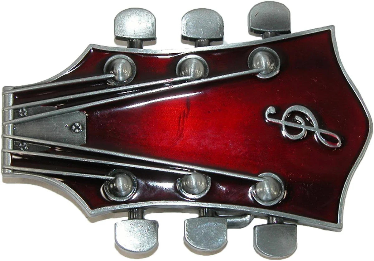 Red Guitar Headstock Belt Buckle – Heavy-Duty Metal Rock & Country Accessory